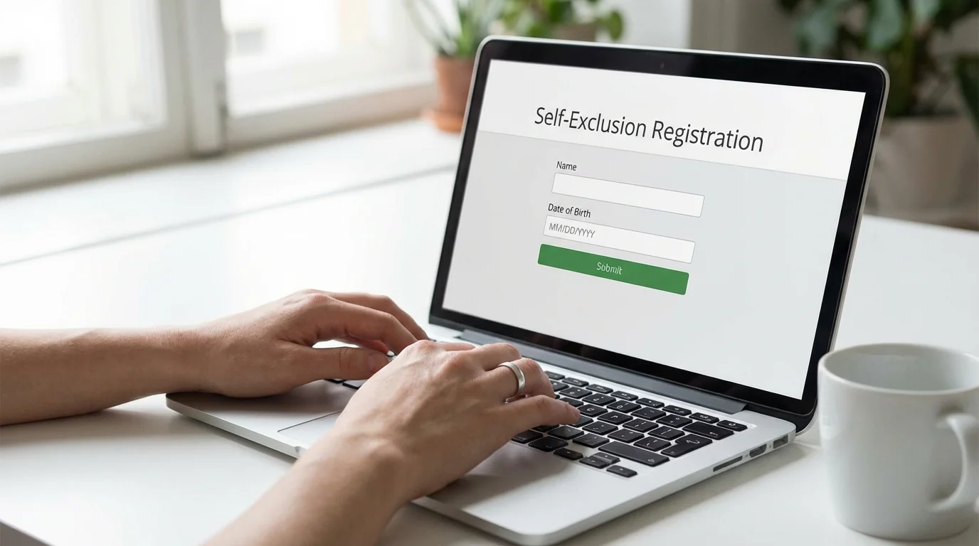 Person at a desk viewing a laptop screen showing a self-exclusion registration form with fields for name and date of birth