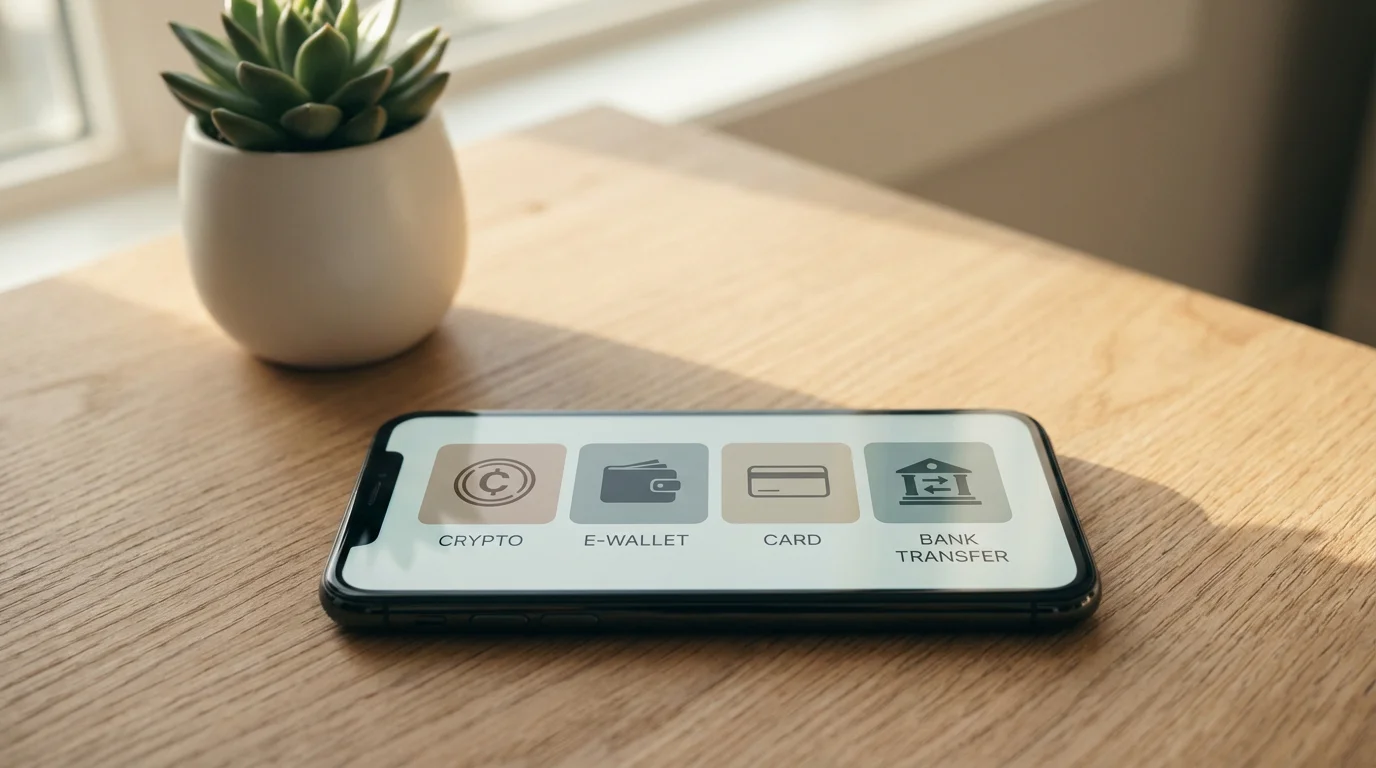 Smartphone screen displaying a digital wallet interface with cryptocurrency and e-wallet payment options on a wooden desk