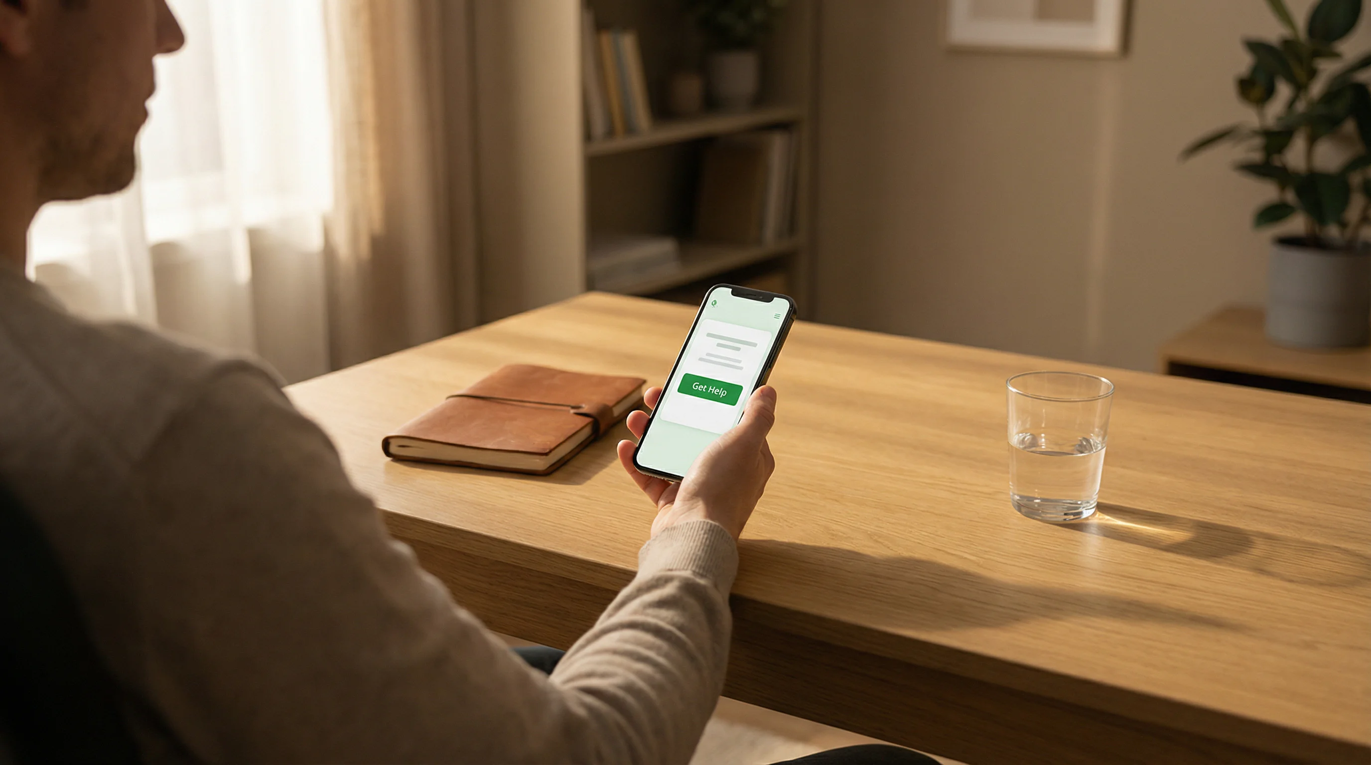 Person sitting calmly at a desk with a phone showing a responsible gambling support app interface and a notebook beside it