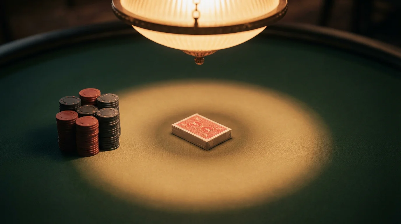 Close-up of a green baize casino card table under warm overhead spotlight with a single deck of cards and casino chips neatly placed