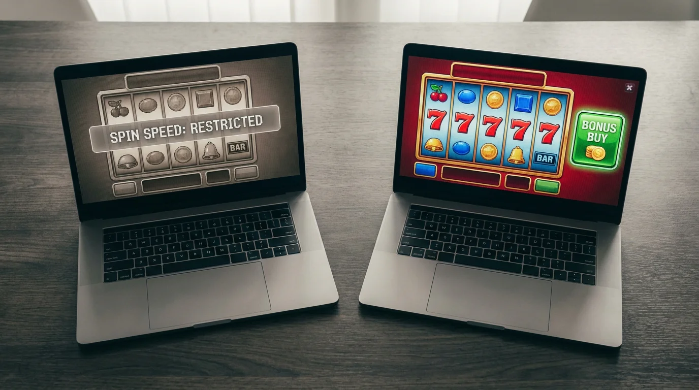Split-screen view of two laptop screens side by side showing different online slot game interfaces with contrasting UI restrictions
